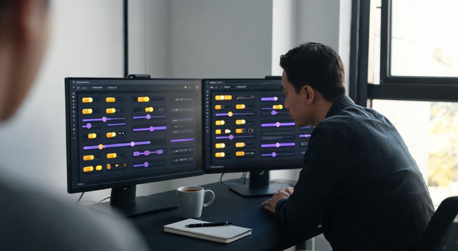 A person sits at a desk with a notebook and coffee, working on two monitors displaying graphs and control sliders in a bright office, an environment where decisions between AI automation reseller vs technical approaches are thoughtfully considered.