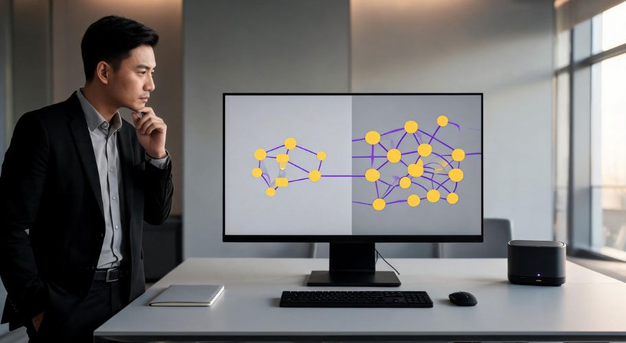 A man in business attire stands by a desk, looking at a computer monitor displaying two network diagrams with yellow nodes and purple lines, illustrating AI automation MVP vs finished system in a modern office.
