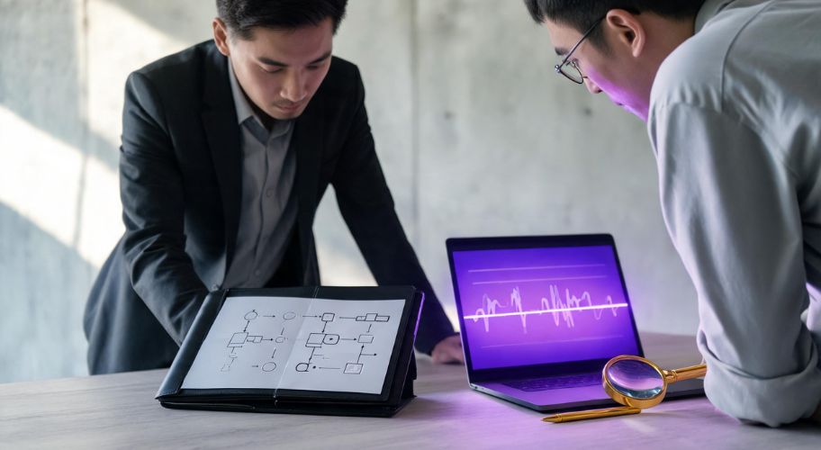 Two men examine a flowchart in a binder and a laptop displaying a waveform at a desk, discussing ai automation maintenance, with a magnifying glass placed nearby.