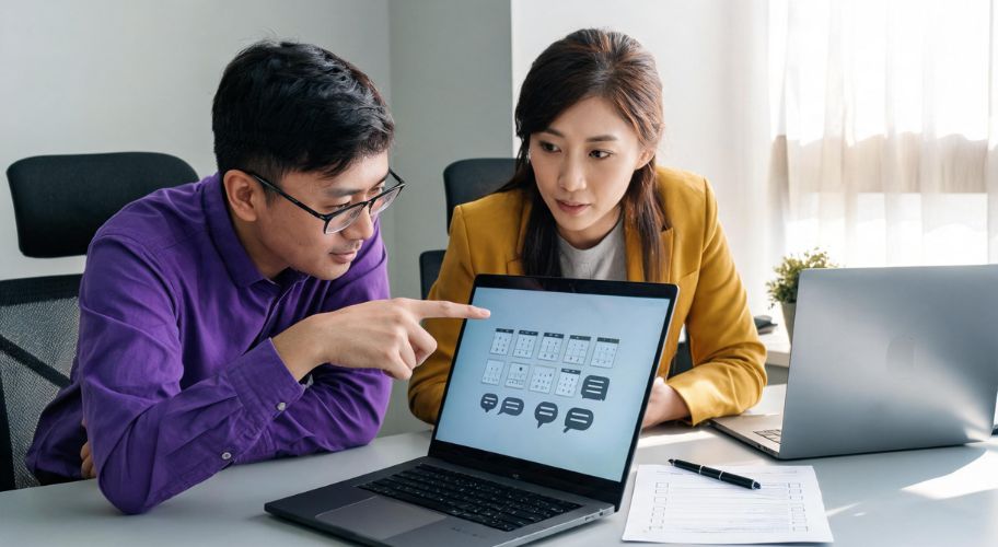 Two people sit at a desk looking at a laptop screen displaying a calendar application. One person in glasses points at the screen, perhaps explaining the difference between an AI automation reseller vs technical implementation, while the other watches attentively.