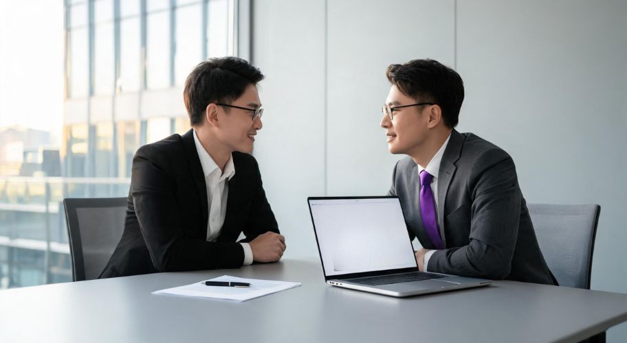 Two men in business attire sit across from each other at a table with a laptop, pen, and paper, discussing accountant questions on an AI automation contract in a modern office with large windows.