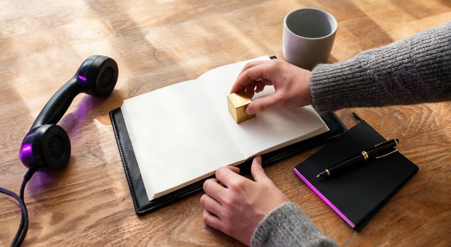 A person stamps a blank notebook page with a gold stamp, alongside a phone receiver, cup, and pen on the wooden table, a subtle nod to how founders budget AI automation as a percentage of revenue while automating routine tasks.