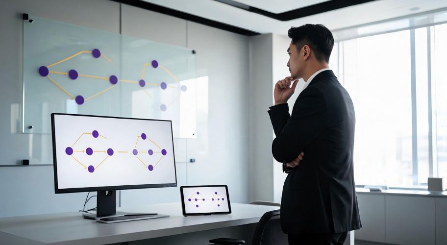 A man in a suit stands in an office, looking at a computer monitor, tablet, and glass board displaying similar network diagrams with connected dots, illustrating AI automation partner vs marketing agency collaboration.