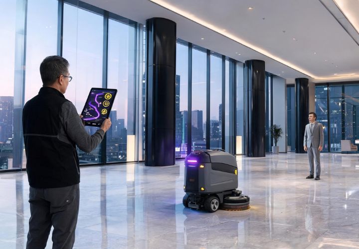 A man uses a tablet to control a robotic floor cleaner powered by AI for commercial cleaning contractors in a modern, spacious office lobby with large windows and another person standing in the background.