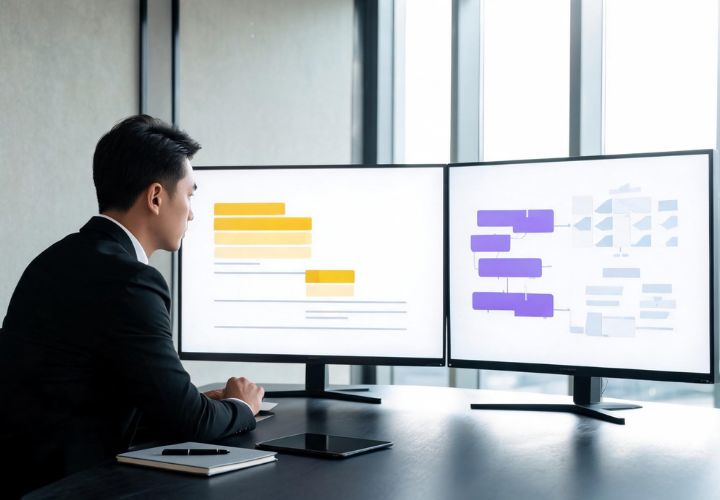 A businessman comparing AI automation quote vs proposal data on dual monitors, one displaying a bar chart and the other a purple workflow diagram, with a notebook and tablet on the desk.