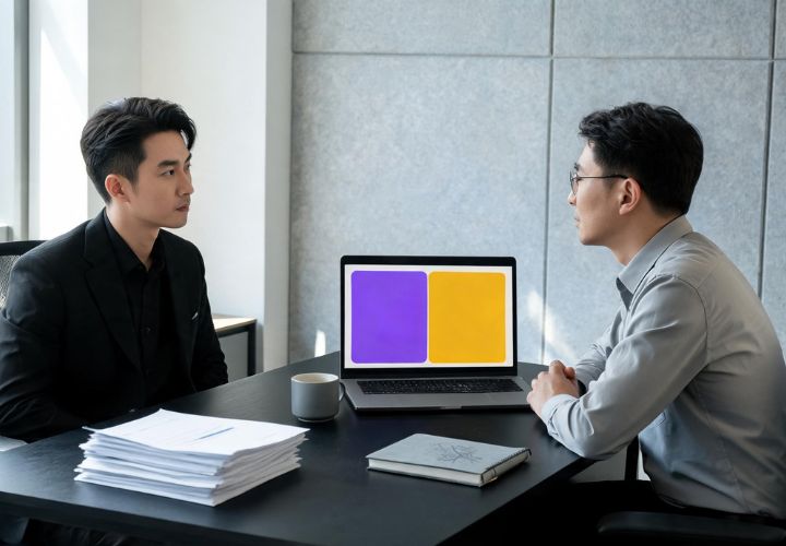 Two men reviewing papers and a notebook while seeking a second opinion on an AI automation quote, with a coffee cup nearby and a laptop displaying purple and yellow rectangles.