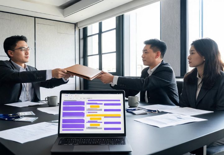 Three people in business attire sit at a conference table, two exchanging folders alongside an AI automation handover document, with a laptop displaying a colourful schedule and AI automation tools in the foreground.