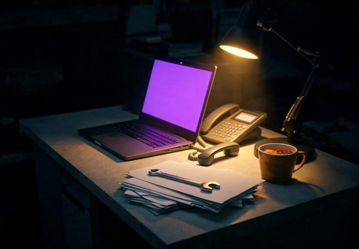 A desk with an open laptop showing a purple screen—perhaps running an ai automation dashboard—a phone, a stack of papers with a wrench on top hinting at ongoing maintenance tasks, a lamp, and a cup of coffee.