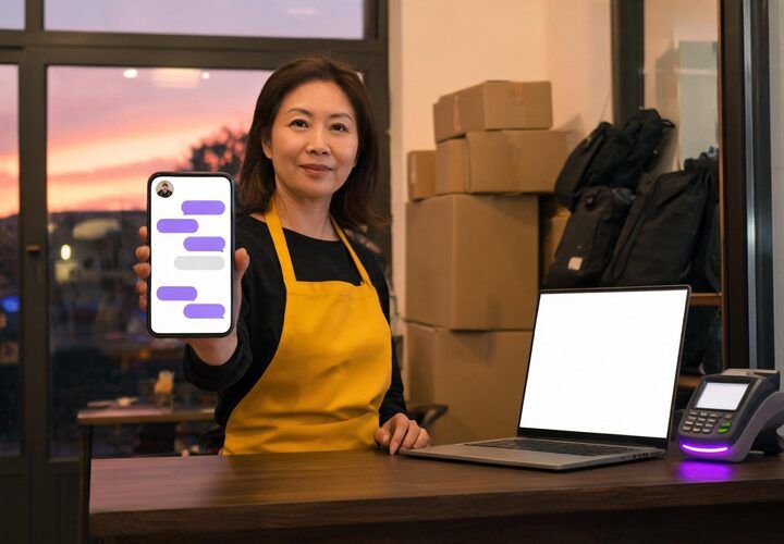 A woman in a yellow apron stands at a counter, holding a smartphone with a chat app open. A laptop, payment terminal, and stacked boxes are visible in the background, highlighting the seamless integration of agentic commerce AI checkout in her bustling workspace.