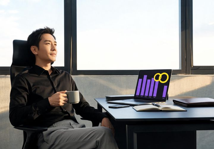 A man relaxing with a coffee at a desk overlooking a city skyline, a laptop nearby displaying a rising performance chart, reflecting the freedom a four-day workweek AI approach can create.