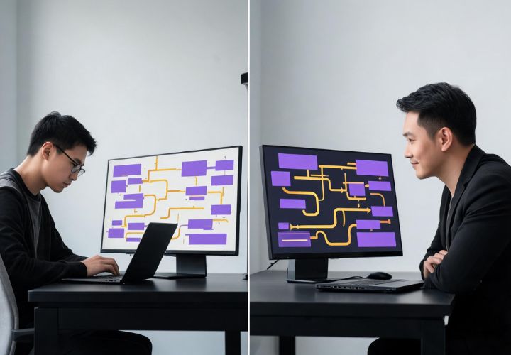 Two men sit at separate desks with computers displaying similar flowcharts—one illustrating AI automation MVP vs finished system, the other highlighting automation processes. Each man focuses on his screen, working individually in a minimalist office setting.
