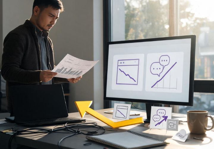 A man reviews a paper with charts at a desk with a laptop, a monitor displaying graphs, and various office supplies and data illustrations, analysing AI browsers business traffic trends.