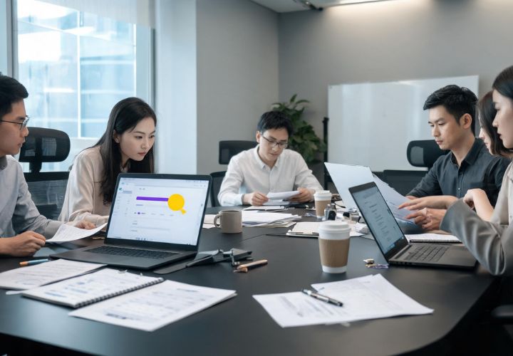 A team of professionals discussing WIP write-off in professional services AI data displayed on laptop screens during a meeting, with coffee cups and paperwork spread across the conference table.