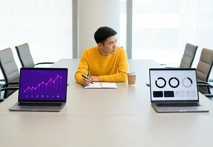 A person in a yellow sweater sits at a conference table with a notebook, flanked by two laptops displaying graphs and charts that illustrate AI automation partner vs marketing agency.