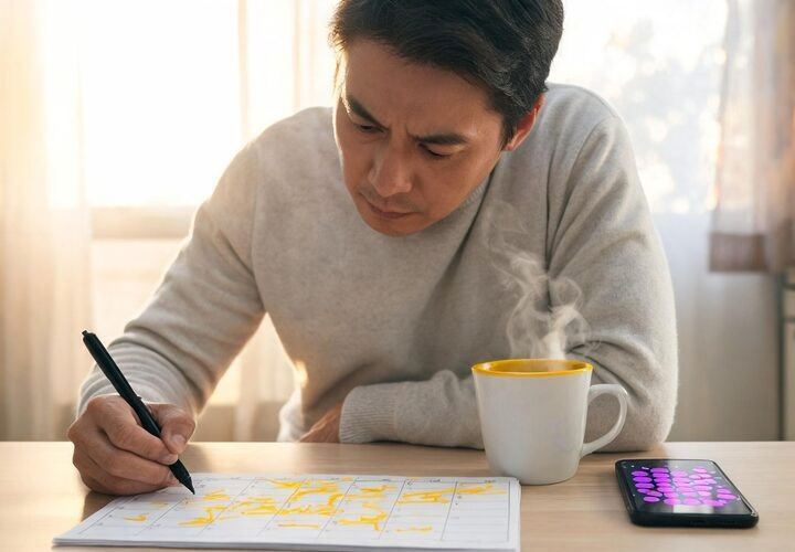 A founder conducts a founder calendar audit time review, writing on a calendar at a table with a steaming mug and smartphone nearby.