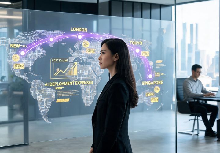A woman stands in front of a transparent digital world map showing AI automation pricing and deployment data for multiple locations, including New York, London, Tokyo, and Singapore. A man works at a laptop in the background.