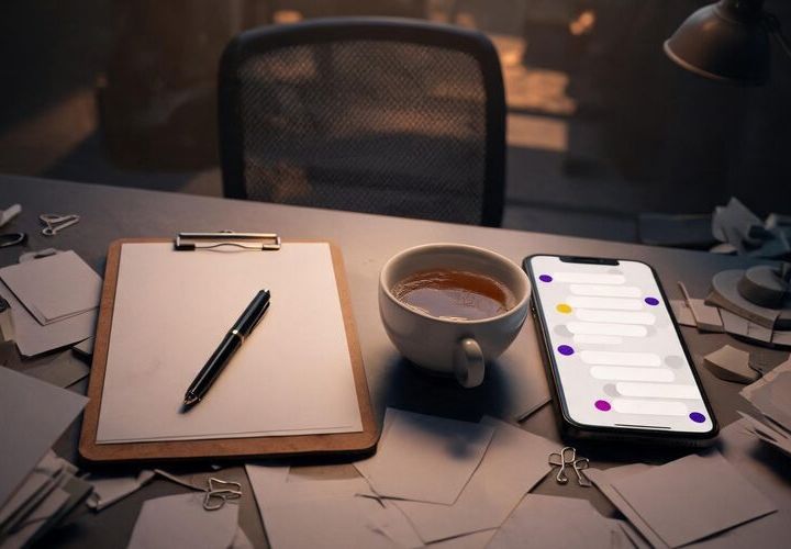 A clipboard with paper, a pen, a cup of tea, and a smartphone displaying a chat sit on a cluttered desk, illustrating the approval bottleneck cost of a slow yes amid scattered papers.