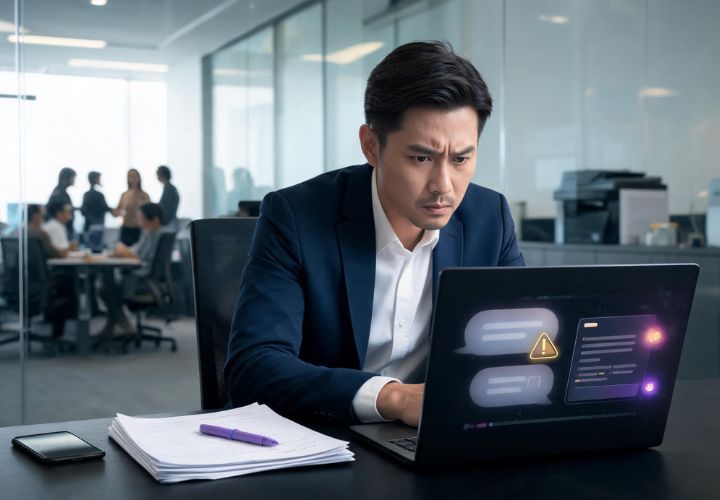 A man in a suit looks at a laptop displaying a warning symbol while people meet in the background, with an AI memory business assistant on screen.