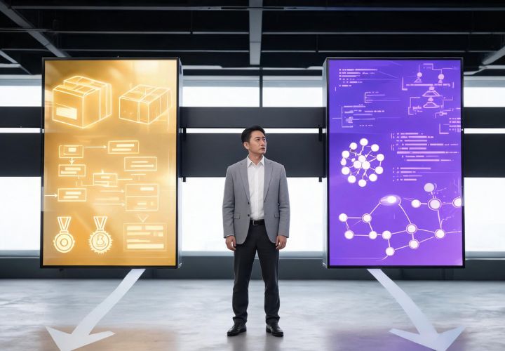 A man in business attire stands between two large digital screens displaying abstract diagrams and flowcharts—visualizing the differences between AI automation reseller vs technical approaches—in a modern office.