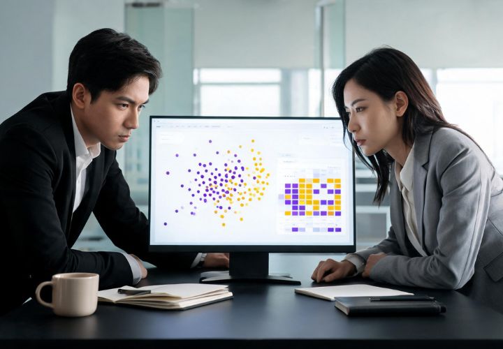 Two colleagues reviewing an AI client profitability analysis on a monitor displaying data clusters and a heatmap grid, with notebooks and a coffee cup on the desk in front of them.