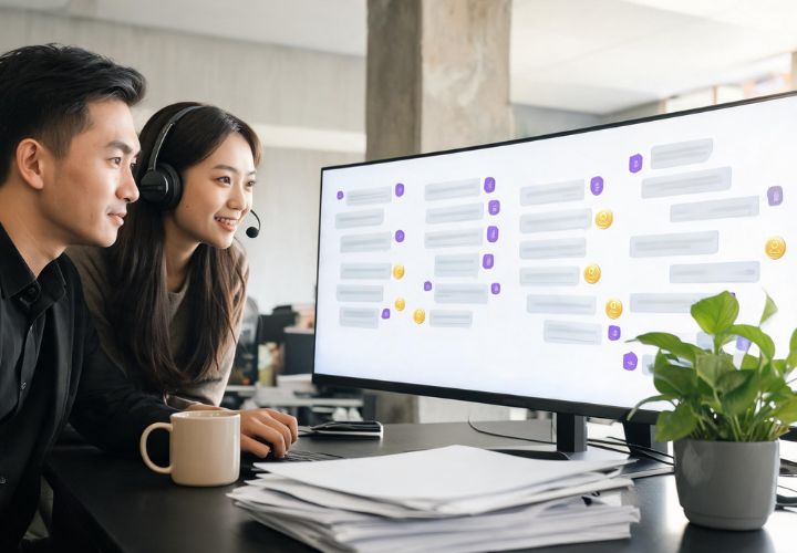 Two colleagues wearing headsets reviewing multilingual AI customer support chat conversations on a large monitor, with a coffee mug and potted plant on the desk.