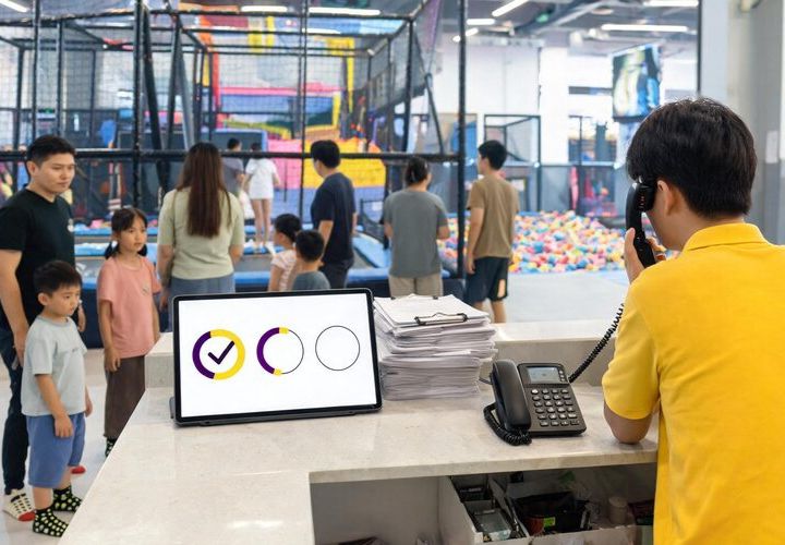 A receptionist speaks on the phone at a counter with a tablet, stacked papers, and a phone, while families wait in line at an indoor Playground featuring AI trampoline parks, alongside a ball pit and play structures.