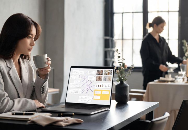 A businesswoman using AI for wedding and event planners while drinking coffee at a dark wooden desk, reviewing a mind-map style planning board on her laptop screen, with a vase of eucalyptus nearby and a colleague setting a table in the background.