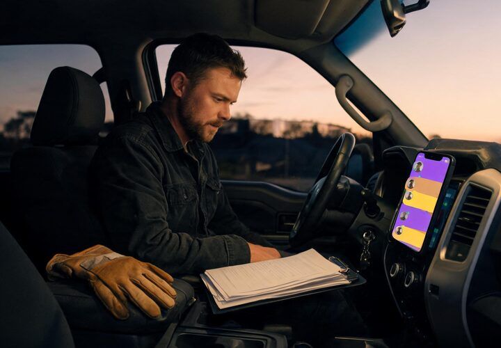 A man sits in the driver’s seat of a truck, reviewing paperwork on a clipboard, with a smartphone mounted on the dashboard displaying a colourful AI-powered app for AI Instagram Facebook DM automation.