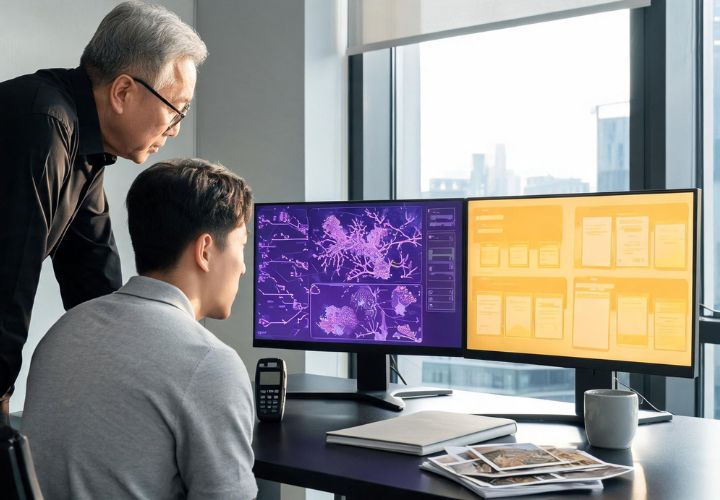 An older man leaning over to review two monitors with a younger colleague, one screen showing property data visualizations and the other showing a report layout, demonstrating AI for property valuers in action.