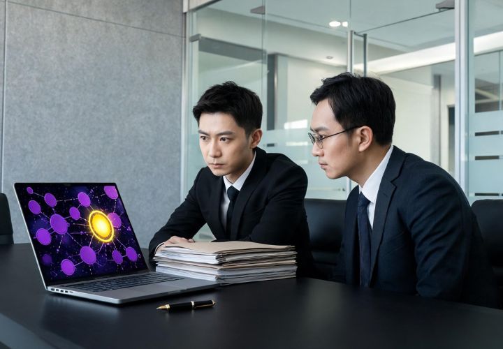 Two men in suits reviewing buying a business AI systems opportunities at a desk, looking at a laptop displaying a digital network diagram, with stacks of documents and a pen in a modern office.