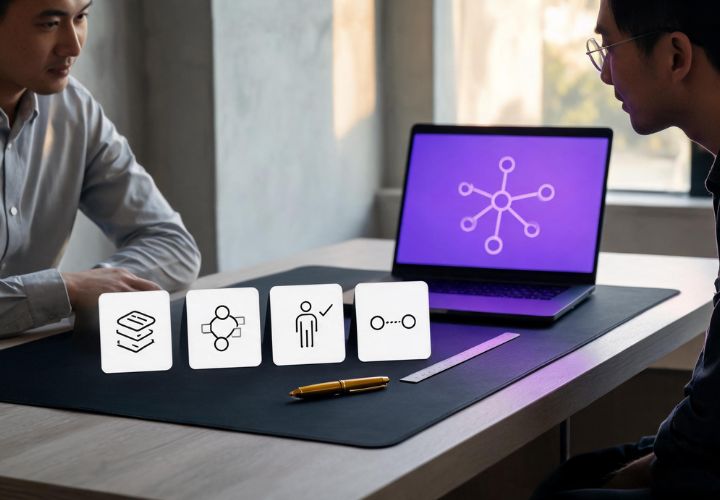 Two people sit at a desk with a laptop displaying a network diagram. Four icons on the desk represent workflow, process, user approval, and connection—illustrating how API integration explained for business owners can streamline operations and boost collaboration.