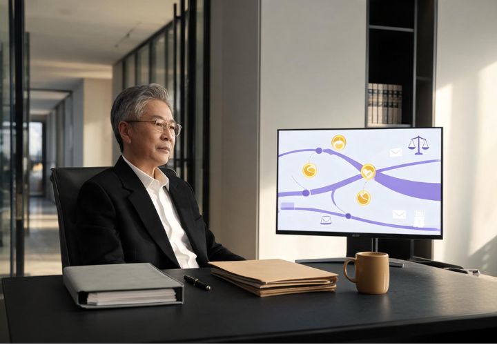 A senior lawyer using AI for family lawyers at his desk, reviewing a monitor displaying a case workflow diagram with icons for legal scales, communication, and documents, with folders and a coffee mug on the desk.