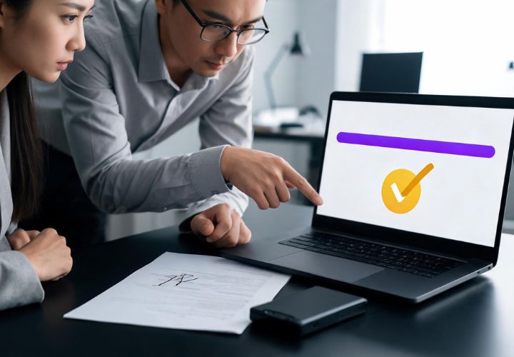 Two people reviewing AI automation vendor escrow arrangements on a laptop displaying a progress bar and yellow check mark in a sleek, modern office, with papers and a smartphone on the table.