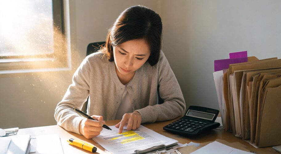A person sits at a desk, highlighting and reviewing documents. There is a stack of folders, a calculator, and a highlighter on the desk. Sunlight streams through a nearby window.