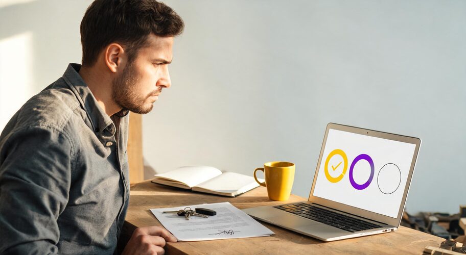 A set of keys and a USB drive sit beside a signed contract on a workshop counter, with a laptop, coffee cup, and open notebook nearby, the documents relate to accountant questions on an AI automation contract.