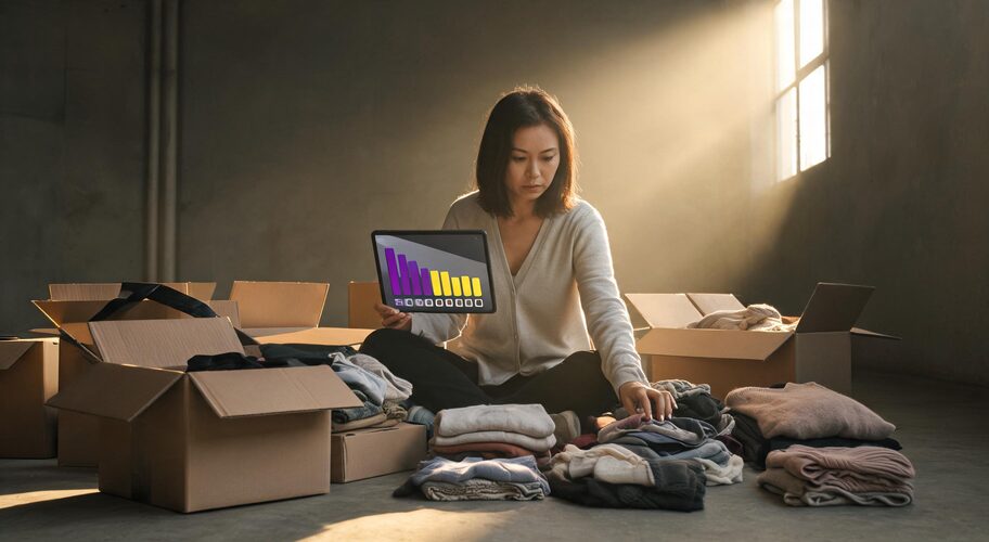A small business owner sits on a warehouse floor surrounded by open cartons of stock, tablet in hand, counting items one by one late in the day while considering agentic commerce AI checkout.