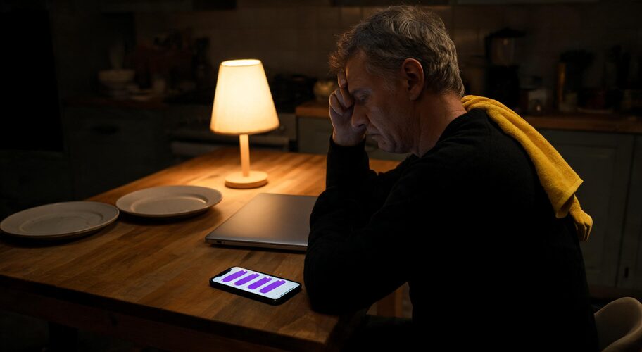 A phone lies face up on a kitchen bench at night, showing a full inbox of unread customer messages, with dinner plates pushed to one side and a laptop closed beside it, highlighting a problem agentic commerce AI checkout can help address.