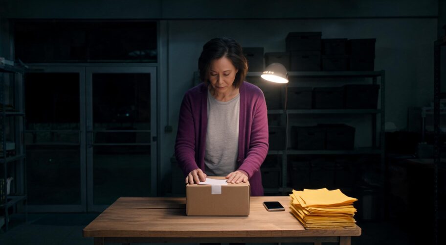A retailer works at a bench in an empty shop after close, packing a single parcel with a courier label, phone face down beside them and front door lights off, illustrating the potential of agentic commerce AI checkout.