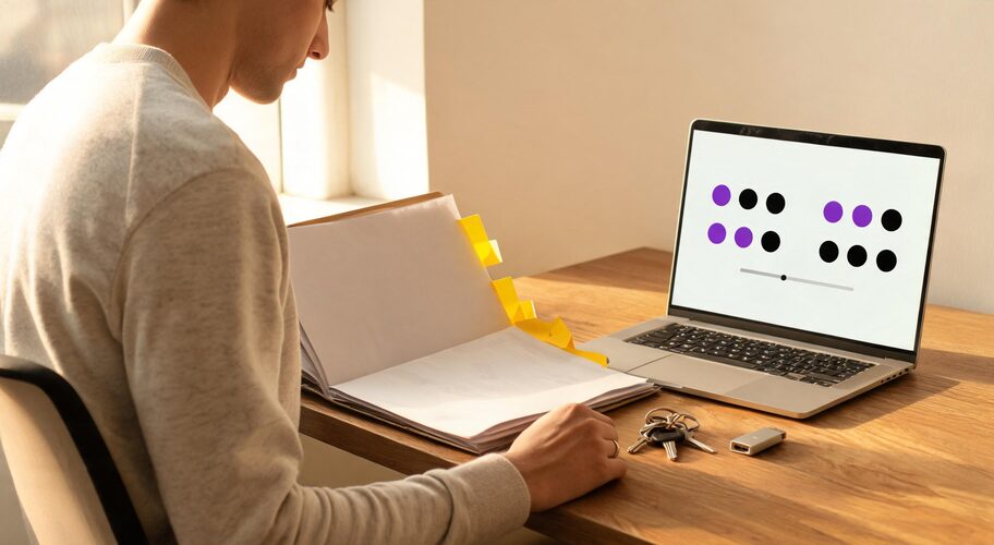 A person sitting at a wooden desk with an open binder and a laptop displaying dot patterns, preparing an AI automation handover document, with keys and a USB drive nearby.