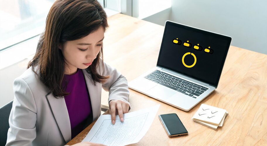 An operations manager at a desk reading an AI automation handover document, with a laptop open beside them showing a settings screen, a phone face down and a notepad with a short handwritten list.