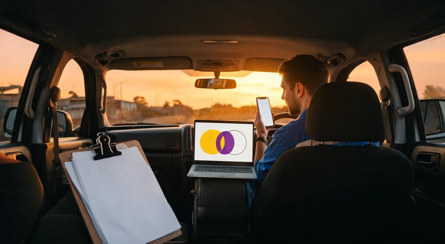 A person sits in a car at sunset, working on a laptop displaying a Venn diagram comparing AI automation MVP vs finished system and using a smartphone, with automation notes clipped to a board on the passenger seat.