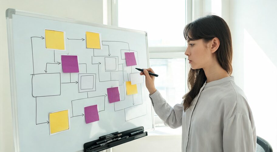 A whiteboard on an office wall is covered in hand-drawn boxes and arrows, with sticky notes over half of them and a marker on the tray beneath. The diagram illustrates AI automation MVP vs finished system.