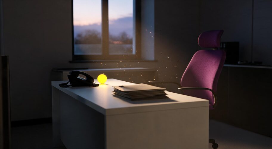 A silent office reception desk after closing time, a landline phone with a blinking message light, illustrating the need to improve AI automation partner response time, an empty chair pushed back, evening light through the window.