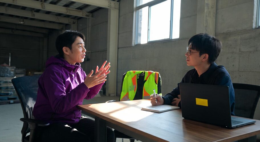 Two people mid-conversation across a small meeting table in a warehouse office, discussing AI automation partner response time, one taking notes on a pad, a laptop closed to one side, high-vis vest hanging on the back of a chair.