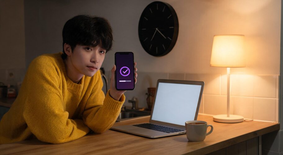 A person in a yellow sweater holds a phone showing a checkmark next to a laptop and coffee cup on a kitchen counter, reflecting how AI automation partner response time can be tracked, with a lit lamp and wall clock in the background.