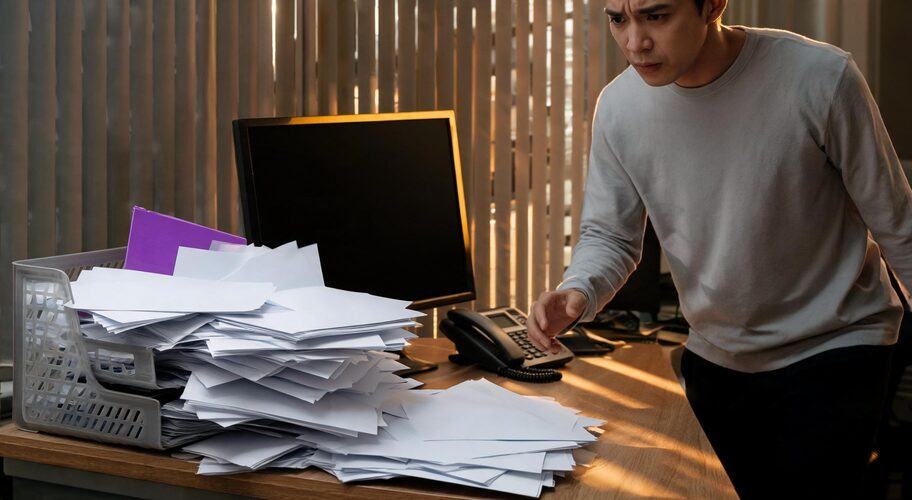 A stack of printed enquiry forms spills out of an office in-tray beside a desk phone, with late-evening light through the window and a dark computer monitor behind them, highlighting a workflow an AI automation partner vs marketing agency could help address.