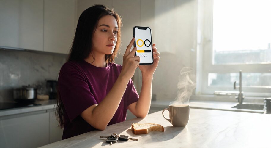 A founder stands at a kitchen bench early in the morning, phone in hand reading a short summary, with car keys and a half-eaten piece of toast on the counter, a look at how an AI automation partner vs marketing agency might support daily operations.