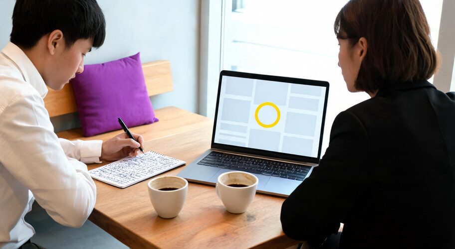 Two people sit at a wooden table with coffee cups, one writing in a notebook and the other facing a laptop displaying a yellow circle on the screen, deep in discussion about AI automation reseller vs technical approaches.