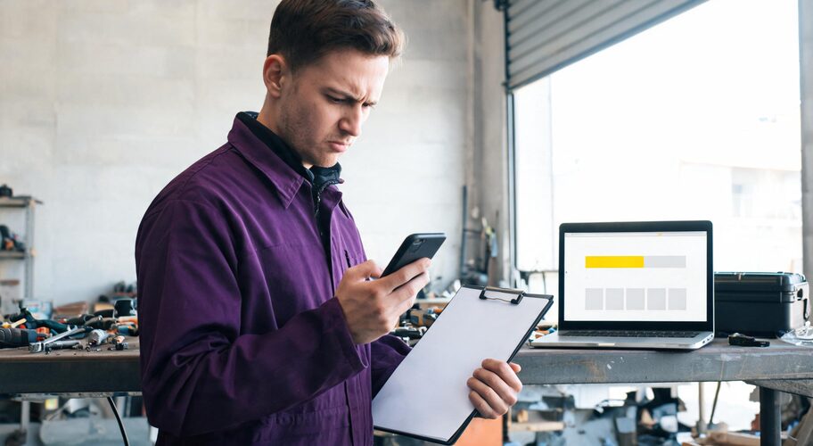 A tradesperson comparing an AI automation reseller vs technical partner in a workshop, holding a phone in one hand and a paper job sheet in the other, with a laptop open on the bench behind showing a half-finished form.