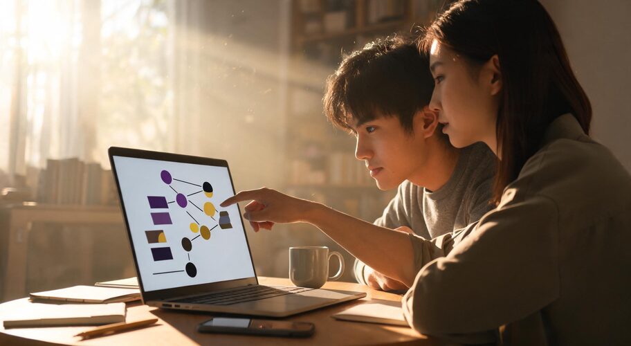 Two people side by side at a desk comparing an AI automation reseller vs technical partner on a single laptop screen, one pointing at something on it, with notebooks and a phone on the desk, late afternoon light through a window.